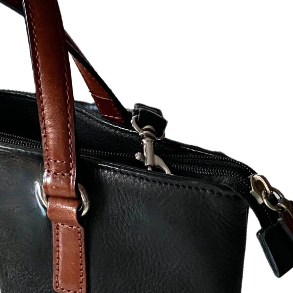 FOSSIL Two-Tone Crossbody Handbag Black Brown Pebble Leather EUC - Picture 2 of 9